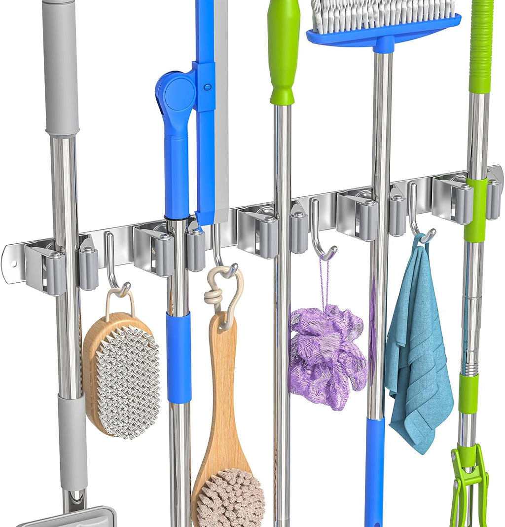 Broom Holder Wall Mount Mop Organizer, 5 Racks 4 Hooks
