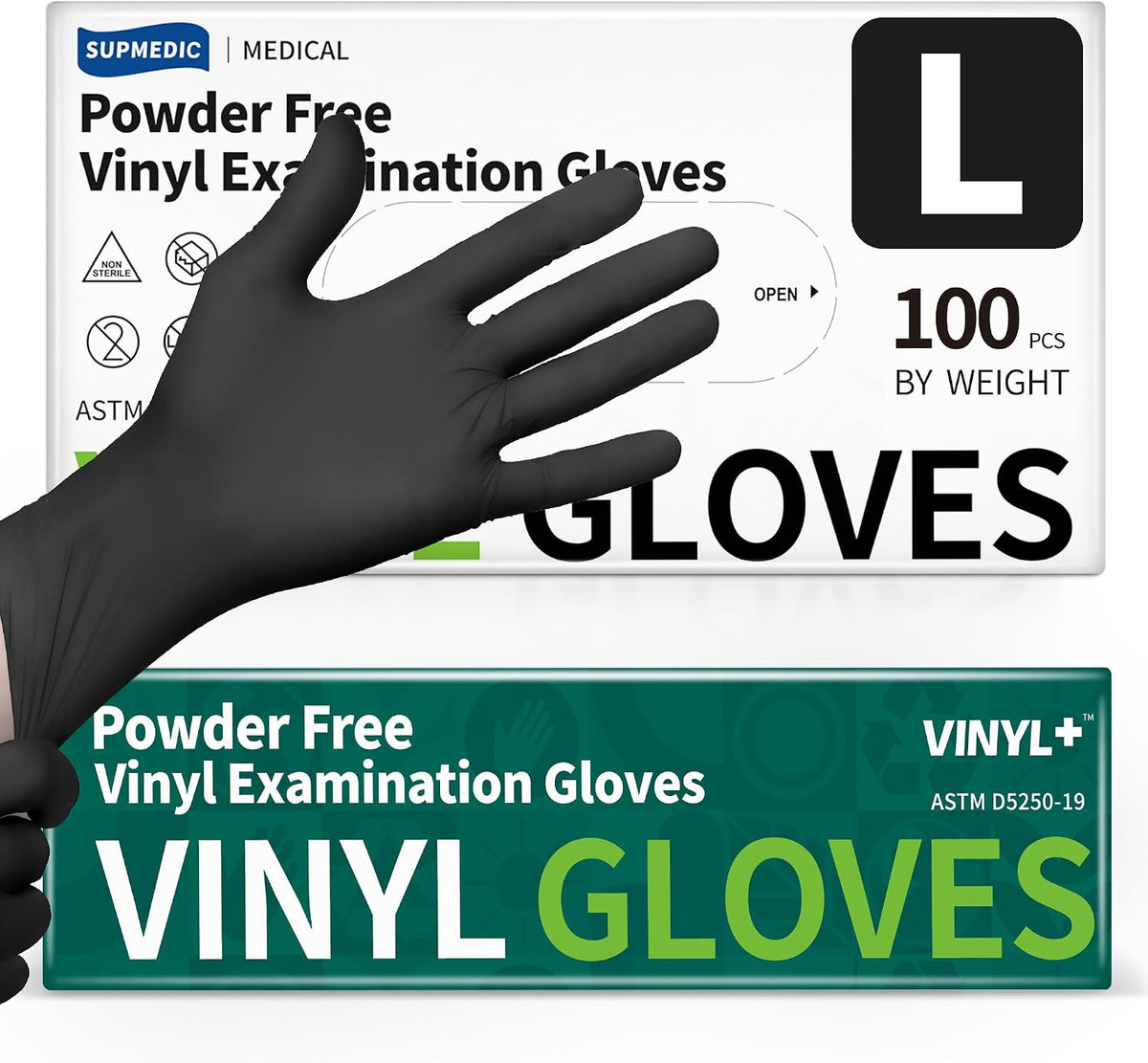 Supmedic Vinyl Disposable Exam Gloves, Black 4Mil Powder-Free Latex-Free Medical Food Safe Cooking Cleaning Glove 100 &1000Ct