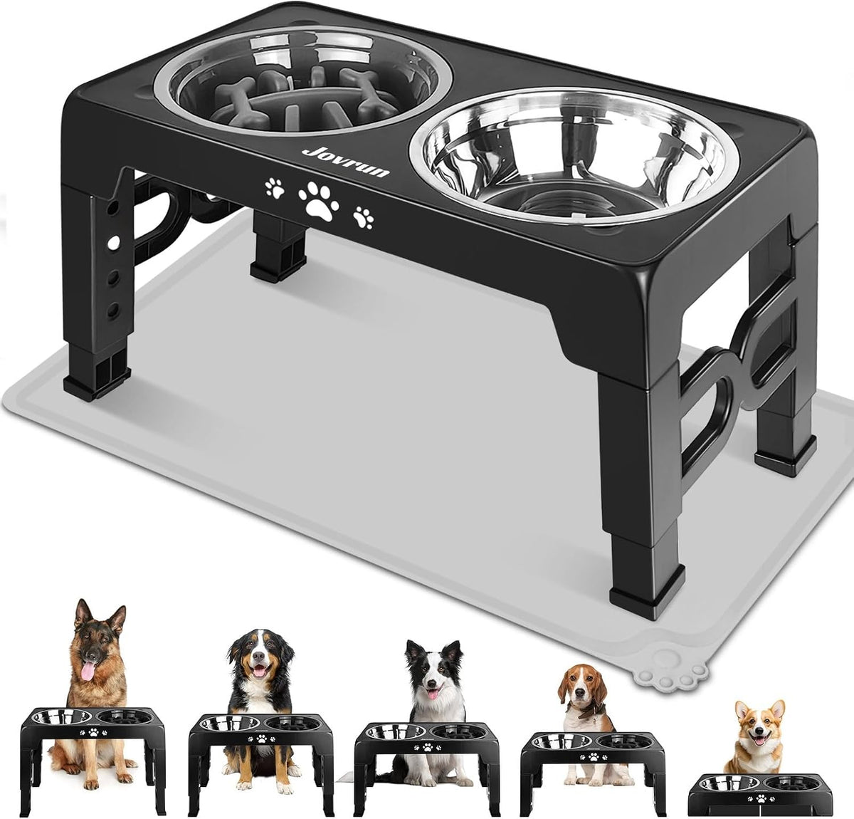 Jovrun Elevated Dog Bowls for Medium Large Size Dogs, Non-Slip Dog Feeder with 1*Stainless Steel Dishes & 1*Slow Feeder Bowl, 5 Heights Adjustable Raised Bowls to 3.15″-8.66″-9.84″-11.02″-12.2″