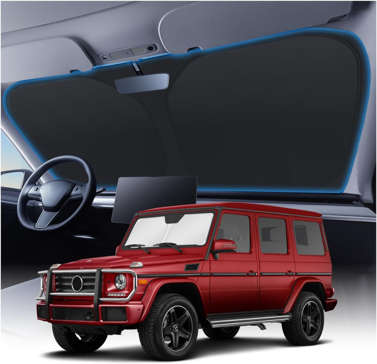 KUST Windshield Sun Shade for 2017-2026 Tesla Model Y/Model 3 Sunshade Accessories (Fit 2025-2026 Model Y Juniper / 2024 Model 3 Highland) Upgraded Foldable Sunshade, Blocks UV Rays Keep Car Cool