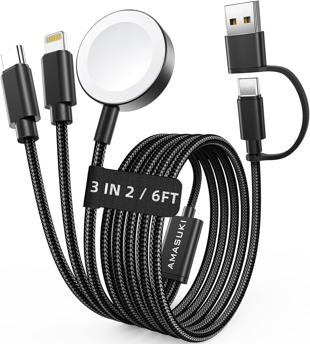 Travel Essentials,3 in 2 USB C Cable for Apple Watch Charger,iPhone Charger,Multi Charging Cable,Cruise Vacation Camping Essentials for iWatch Series 11-2/Ultra,iPhone 17-12,Car Accessories,Grey-6FT