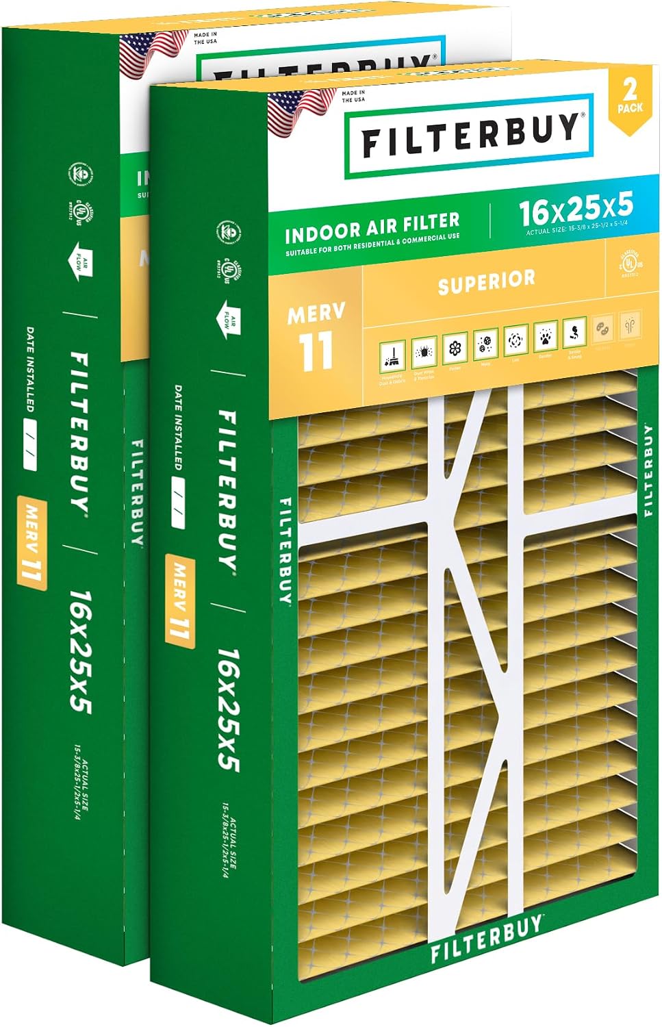 Filterbuy 20x25x5 Air Filter MERV 11 Pet & Allergy Defense (2-Pack)