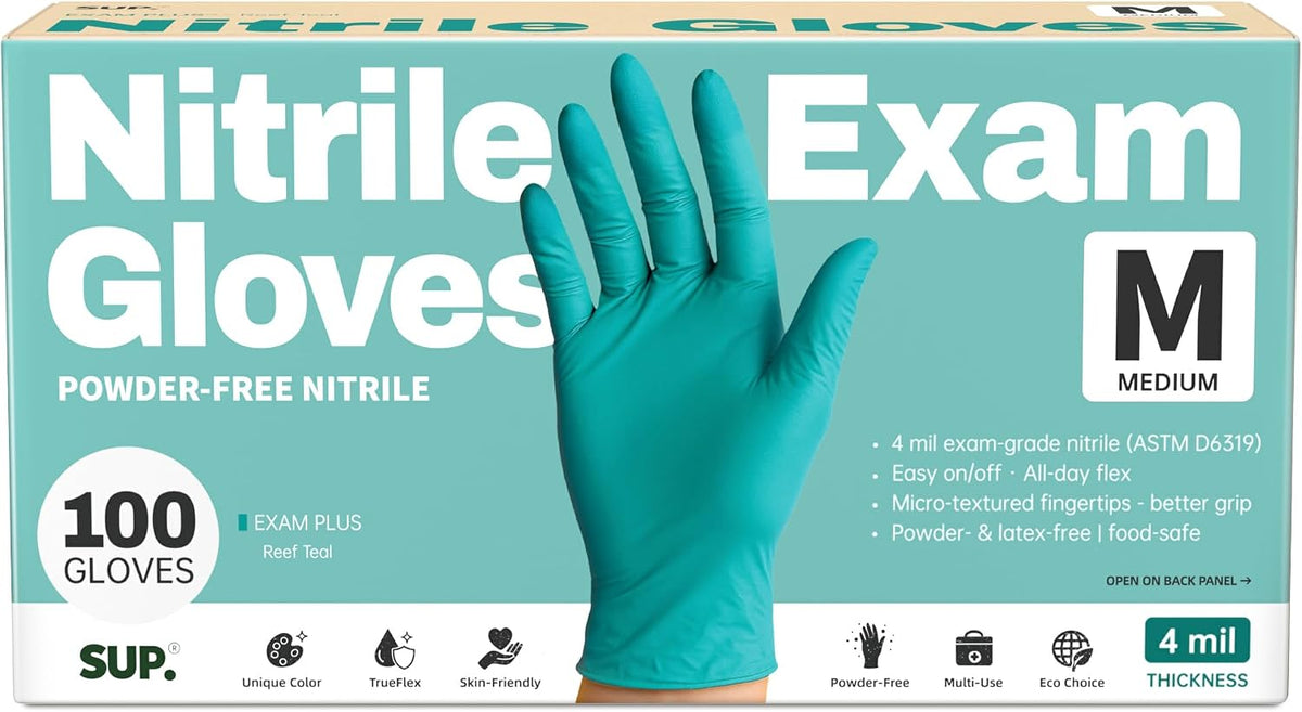 SUP Powder-Free Nitrile Exam Gloves, 100 Count Food Safe Latex-Free Disposable Gloves for Medical Lab Cooking Cleaning, Teal