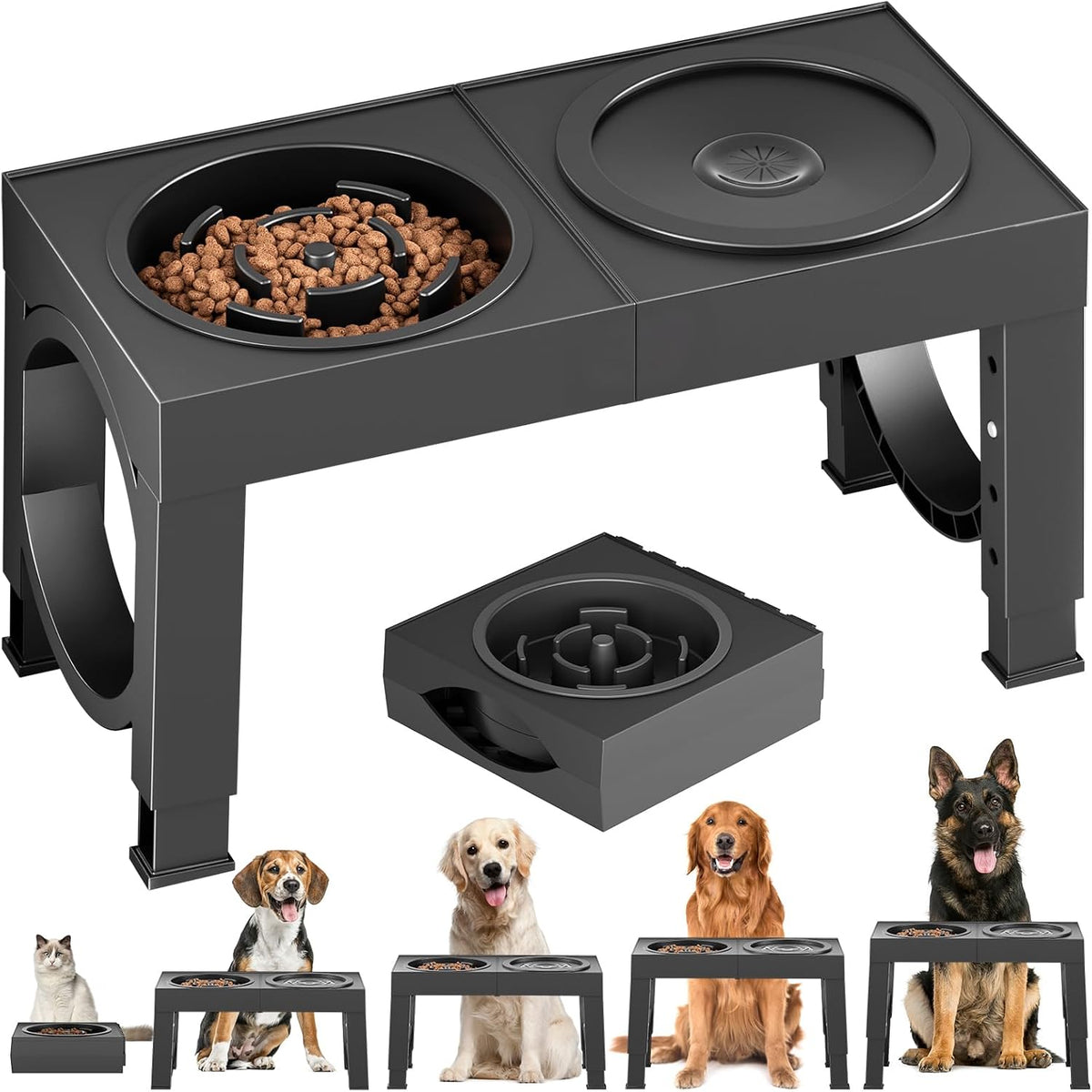 XIAZ Elevated Dog Bowls Large Breed Raised Dogs Bowl Stand Large/Medium Sized Dog Stainless Steel Food Water Bowl Stands 5 Heights Adjustable 9/11/12/14in Black Pet Feeder Dish Station