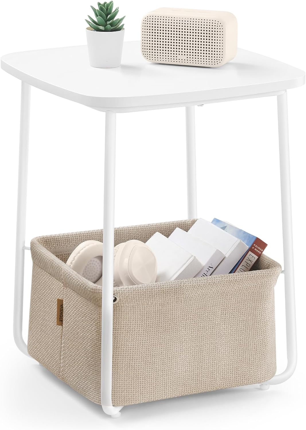 VASAGLE Small Round Side End Table, Small Nightstand with Fabric Basket