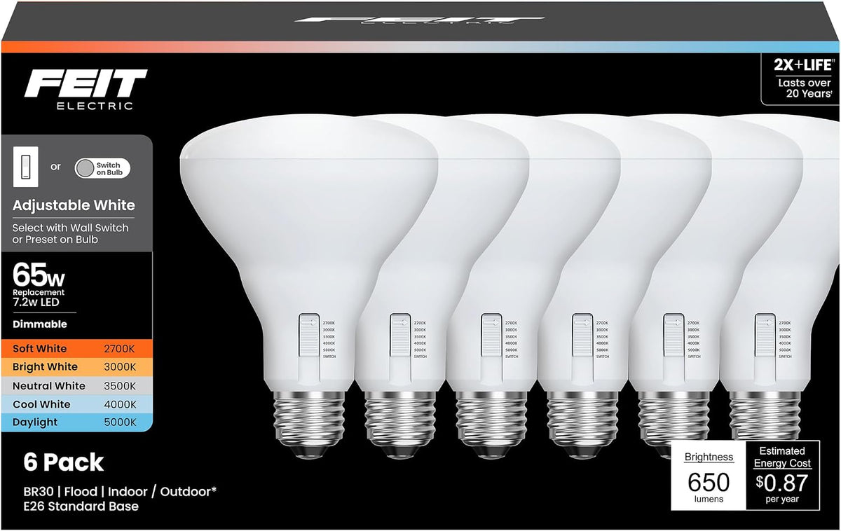 Feit Electric BR30 LED Light Bulbs, 65W Eq, Dimmable, 5CCT, 6 Pack
