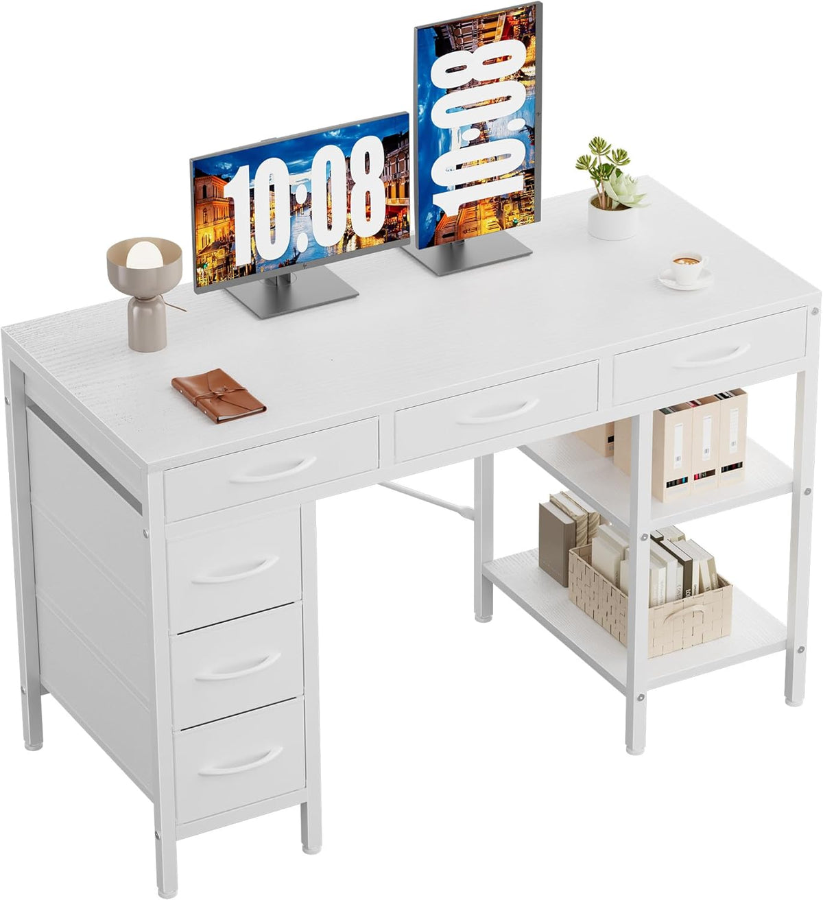 Sweetcrispy 47" Computer Desk with 6 Fabric Drawers & Storage Shelves