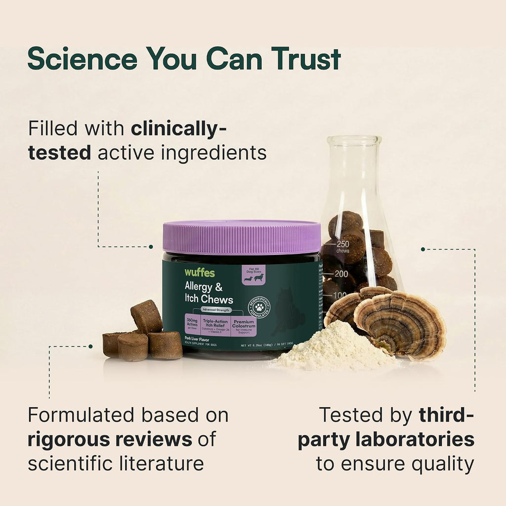 Wuffes Allergy & Itch Chews for Dogs | Supplement for Occasional Allergies. All Breed Sizes. Made with Colostrum, Vitamin E & Omega-3s. Pork Flavor. 60 ct.