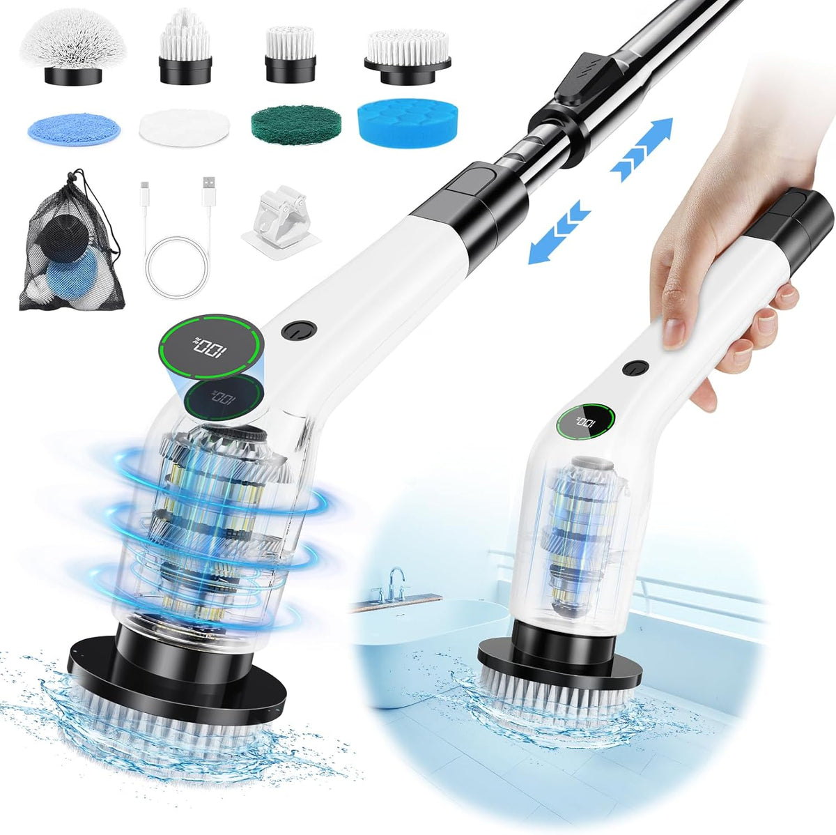 PUFTEM Electric Spin Scrubber, Cordless Shower Scrubber, Adjustable Handle
