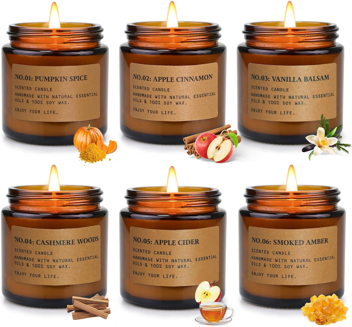 6 Pack Candles for Home Scented Aromatherapy Candle Gift Set for Women Soy Wax Long Lasting Amber Jar Candles Gift for Birthday Mother's Thanksgiving Day Present