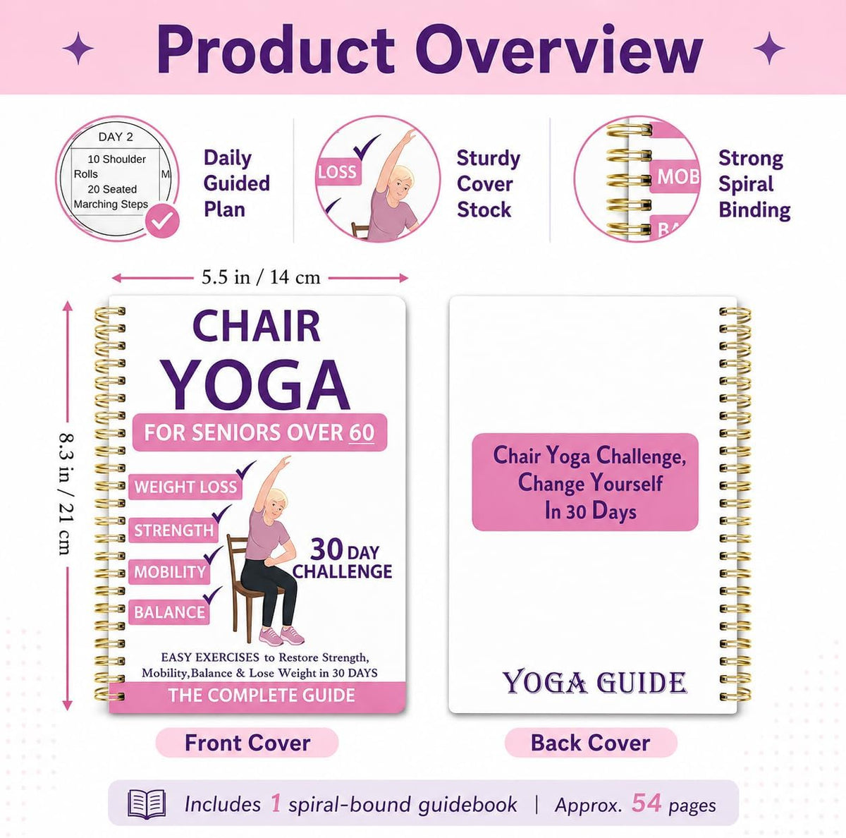 Chair Yoga For Seniors Over 60 Book & Chart,30-Day Beginner Challenge with 54-Page Spiral Bound Exercise Guide,Senior Fitness Planner for Weight Loss,Toning,Flexibility and Daily Workouts,Pink