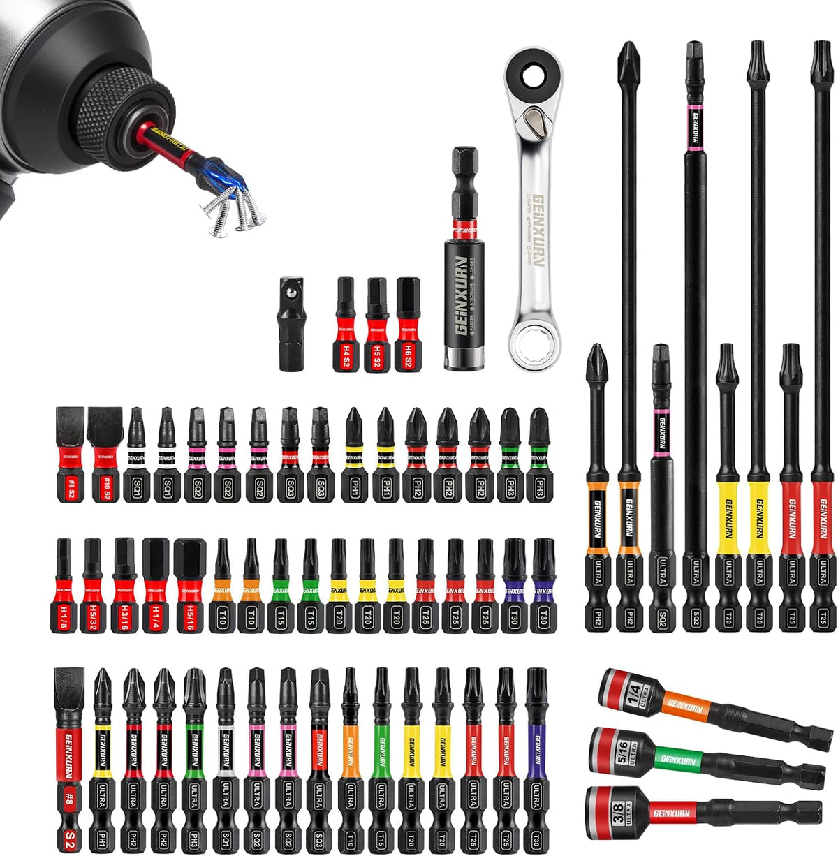 Geinxurn 82Pieces Impact Screwdriver Bits Set, Magnetic S2 Steel Phillips/Square/Torx/Hex Insert Power Bits Tips with Impact Bit Holder and Impact Nut Driver and Mini Wrench