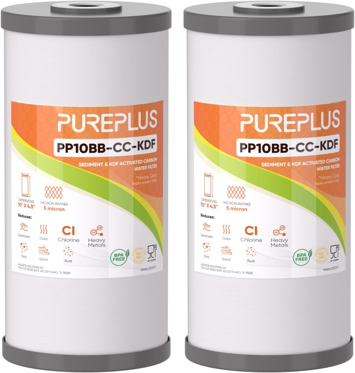 PUREPLUS 5 Micron 10" x 4.5" Whole House Sediment and Carbon Water Filter Replacement Cartridge for GE FXHTC, GXWH40L, GXWH35F, GNWH38S, Culligan RFC-BBSA, WRC25HD, PP10BB-CC, Pentek RFC-BB, 2Pack