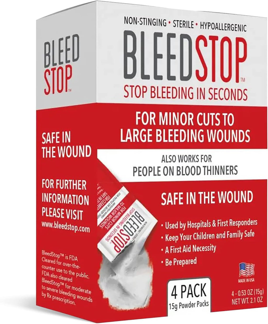 BleedStop™ First Aid Powder for Blood Clotting, Trauma Kit, Blood Thinner Patients, Camping Safety, and Survival Equipment for Moderate to Severe Bleeding Wounds or Nosebleeds 5 Pack 15g