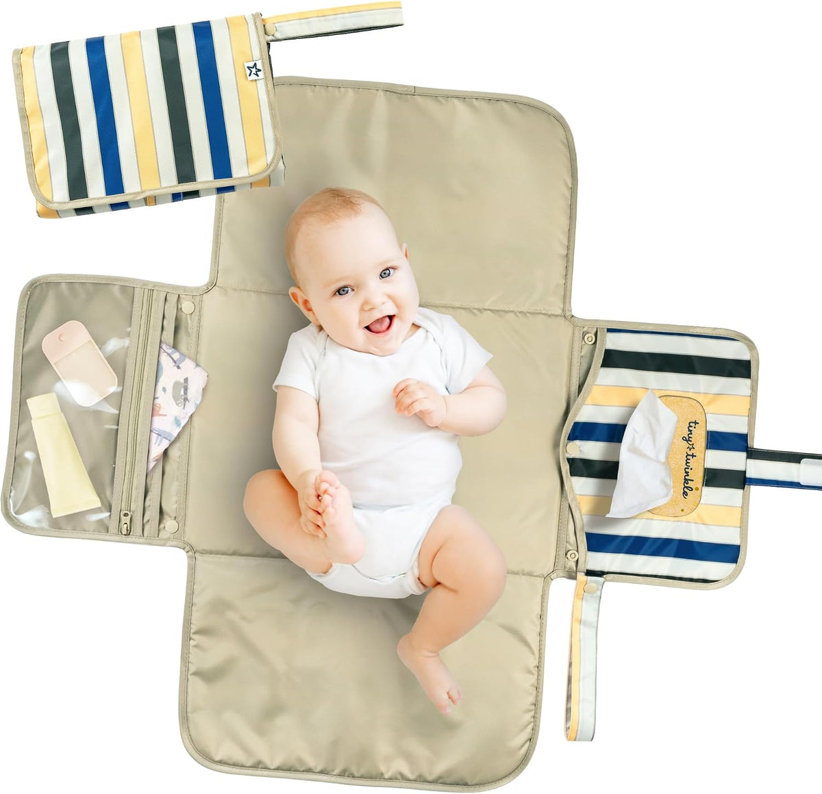 Tiny Twinkle Portable Diaper Changing Pad | Waterproof, Wipeable & Compact Baby Changing Pad for Travel | Smart Wipes Pocket & Organized Storage| Newborn Shower Gift (Sage Checkers)