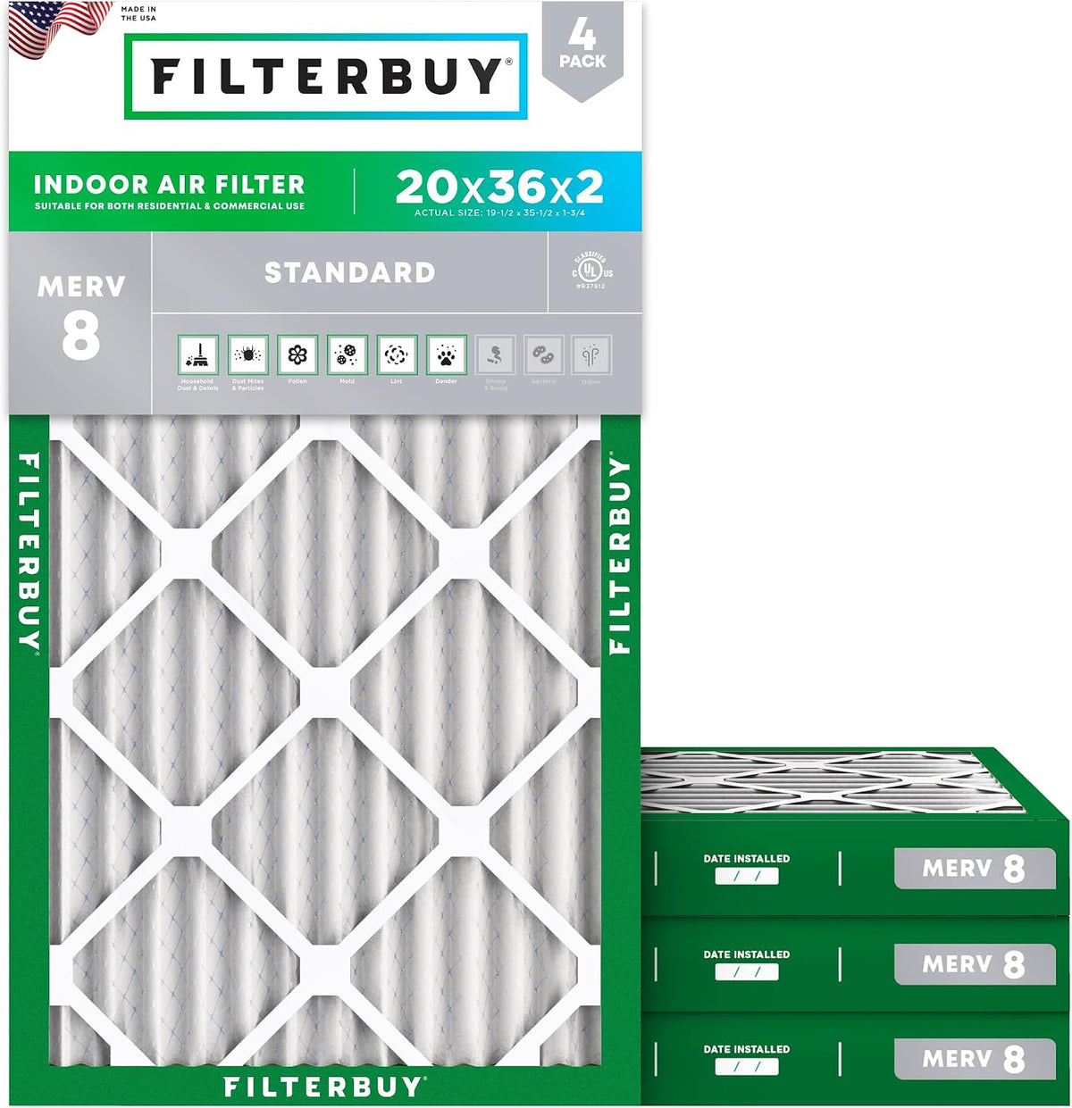 Filterbuy 16x20x1 Air Filter MERV 8 Dust & Allergy Defense (4-Pack)