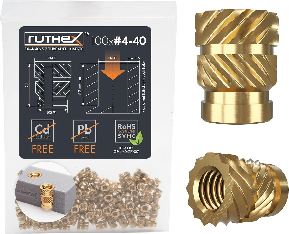 ruthex M3 Threaded Inserts - 100 Pieces RX-M3x5.7 Brass Heat Set Insert for Plastic Parts - Metric knurled Nuts - Insert by Heat into 3D Printing Components