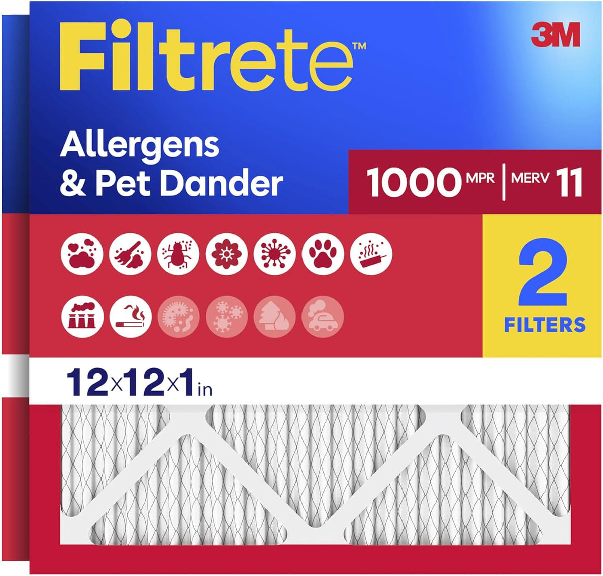 Filtrete 20x25x1 Air Filter, MERV 11, MPR 1000, Allergens & Pet Dander, 3-Month AC and Furnace Filters, Cleaner Air, Reliable Airflow, 2 HVAC Filters (Actual Size 19.68 x 24.68 x 0.81 in)