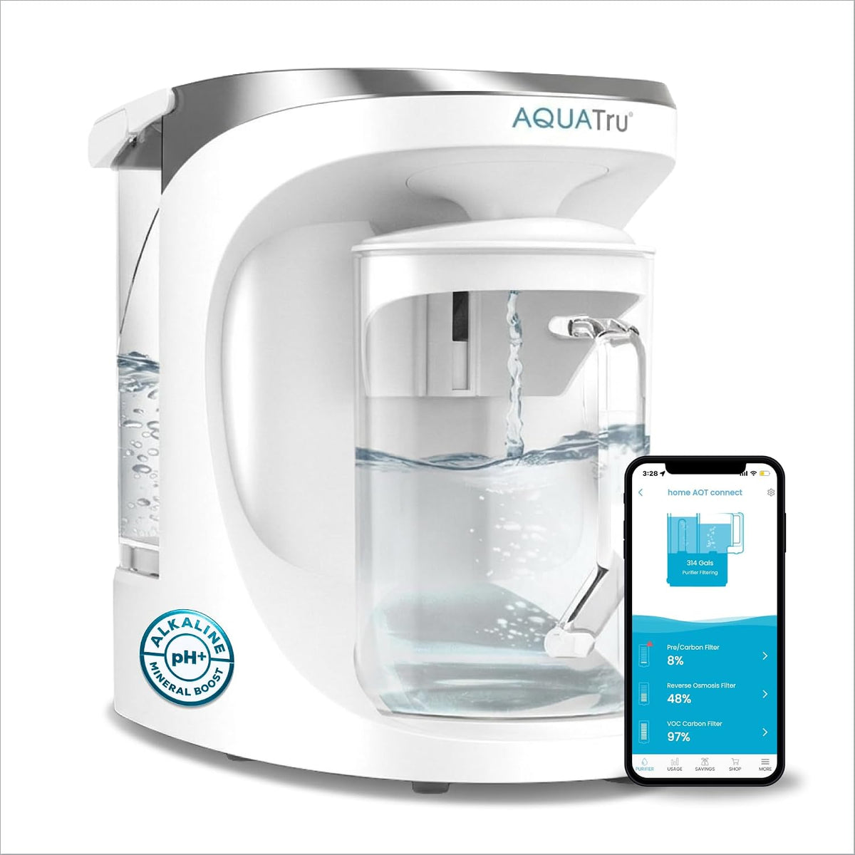 AquaTru Glass Carafe | Countertop Reverse Osmosis Water Filter Countertop RO System Water Purifier | 4 Stage Reverse Osmosis Filtration | Removes 84 Contaminants Like PFOA + PFOS, Lead, Microplastics