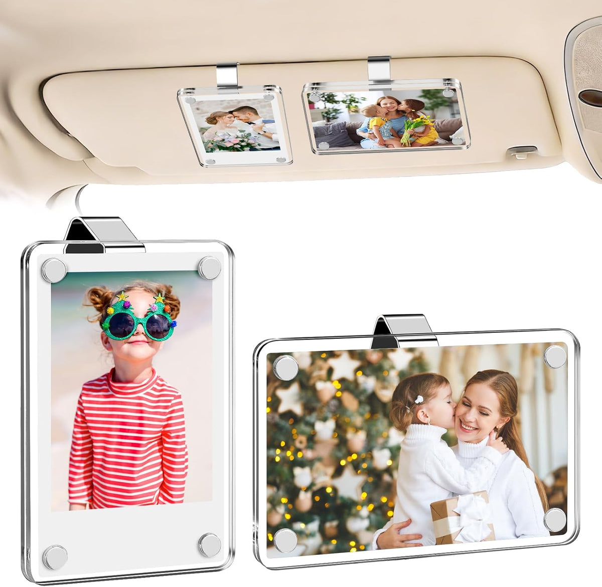 SUNEZLGO 2 Pack Car Picture Holder and Visor Photo Clip, Car Accessories, Acrylic Magnetic Car Photo Holder, Easy Install Universal Fit, Personalized Gift for Family Photos, Gifts for Boyfriend