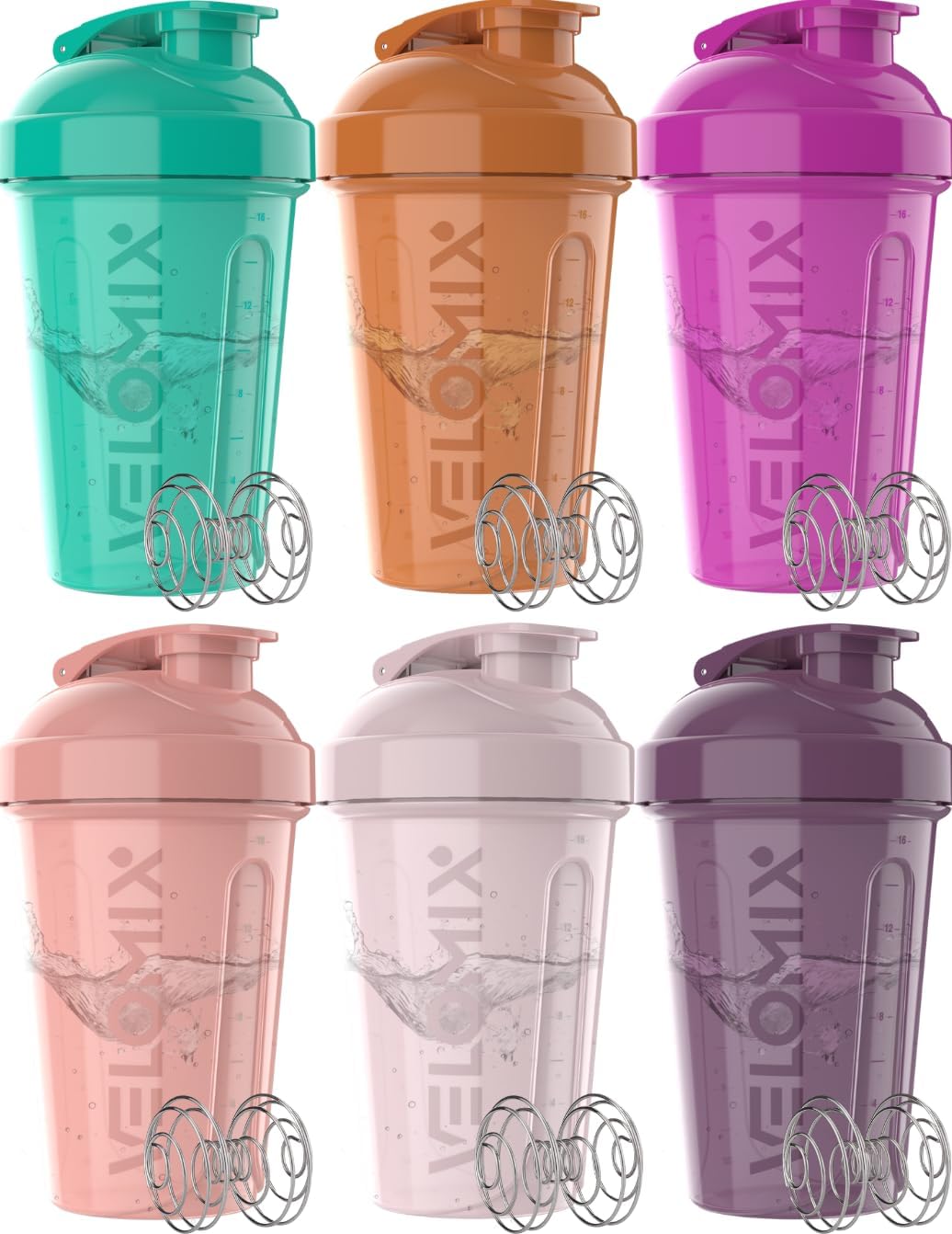 VELOMIX 6 Pack 20oz Shaker Cups for Protein Shakes, Pastel Shades