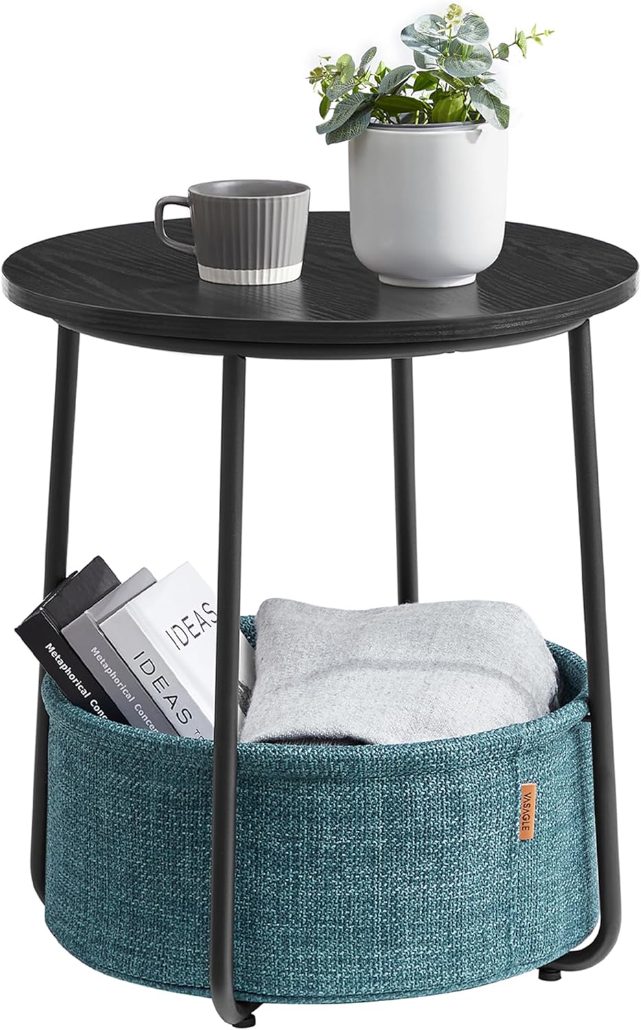 VASAGLE Small Round Side End Table, Small Nightstand with Fabric Basket