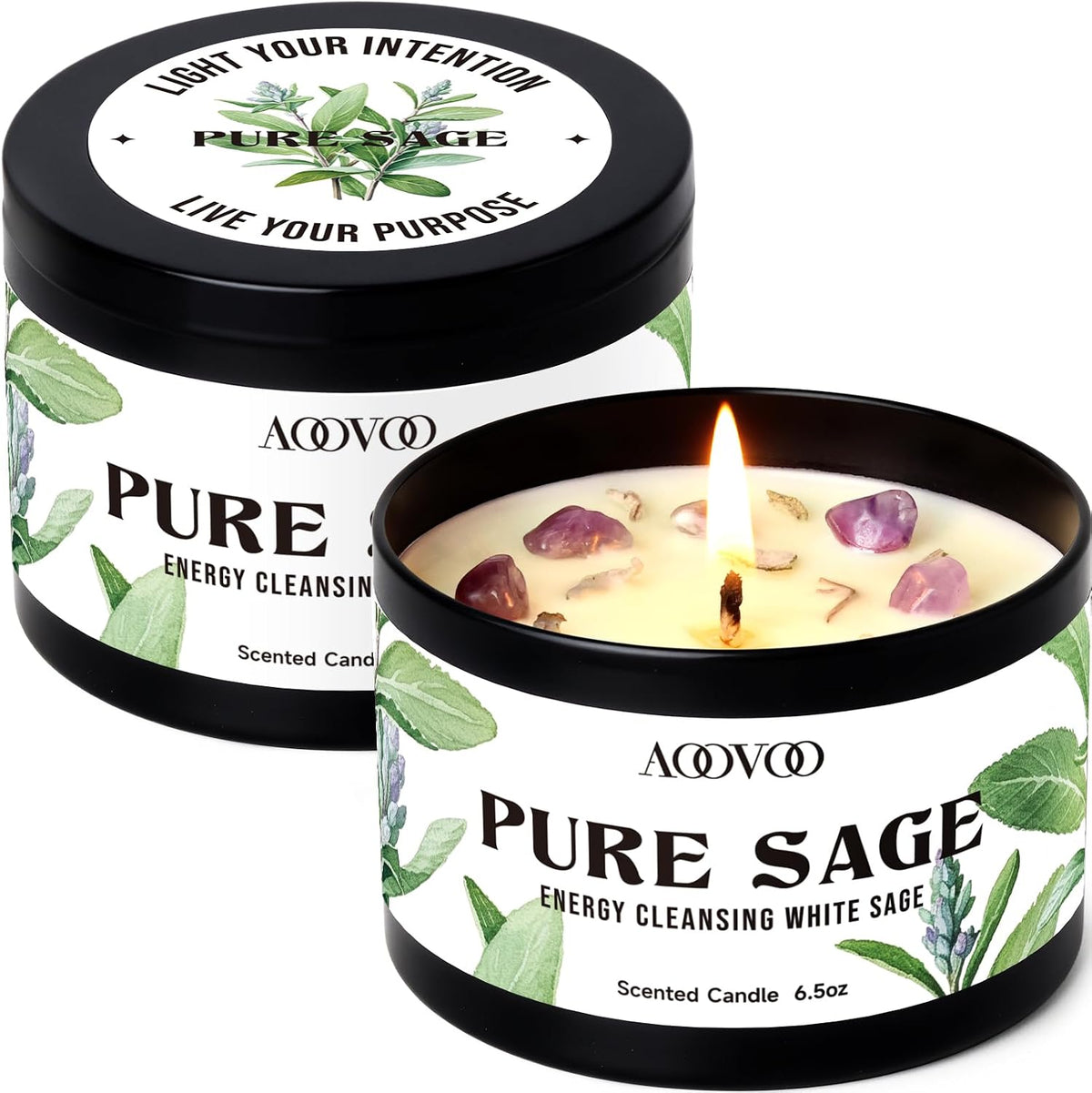 AOOVOO Sage Candle for Cleansing - 3 Wick 12oz Large Scented Candle with Crystals & Sage Leaves Inside, Soy Candles Non Toxic for Meditation Spiritual Gift, Aromatherapy Candle for Women Men