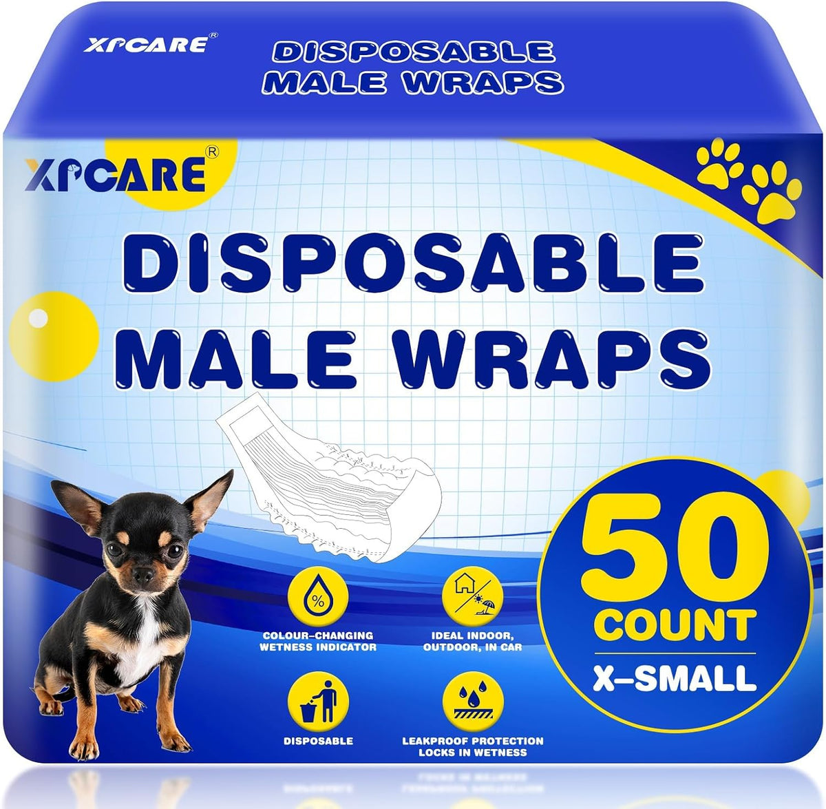 XPCARE 50 Count Disposable Dog Diapers Male with Wetness Indicator(X-Small) | Dog Belly Band Belly Bands for Male Dogs Male Dog Wraps,Super Absorbent Leak-Proof Fit for Incontinence Marking