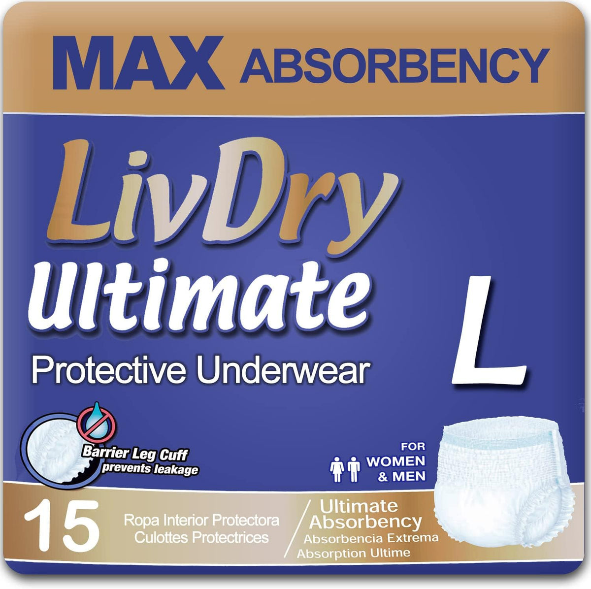 LivDry Ultimate Adult Incontinence Underwear, Max Absorbent Adult Diapers with Leak Protection, Medium, 68-Pack