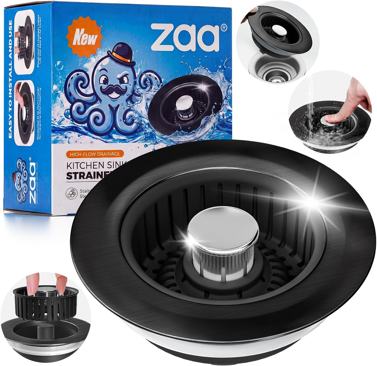 zaa 3 in 1 Kitchen Sink Drain Strainer Stopper Removable Basket Pop-Up