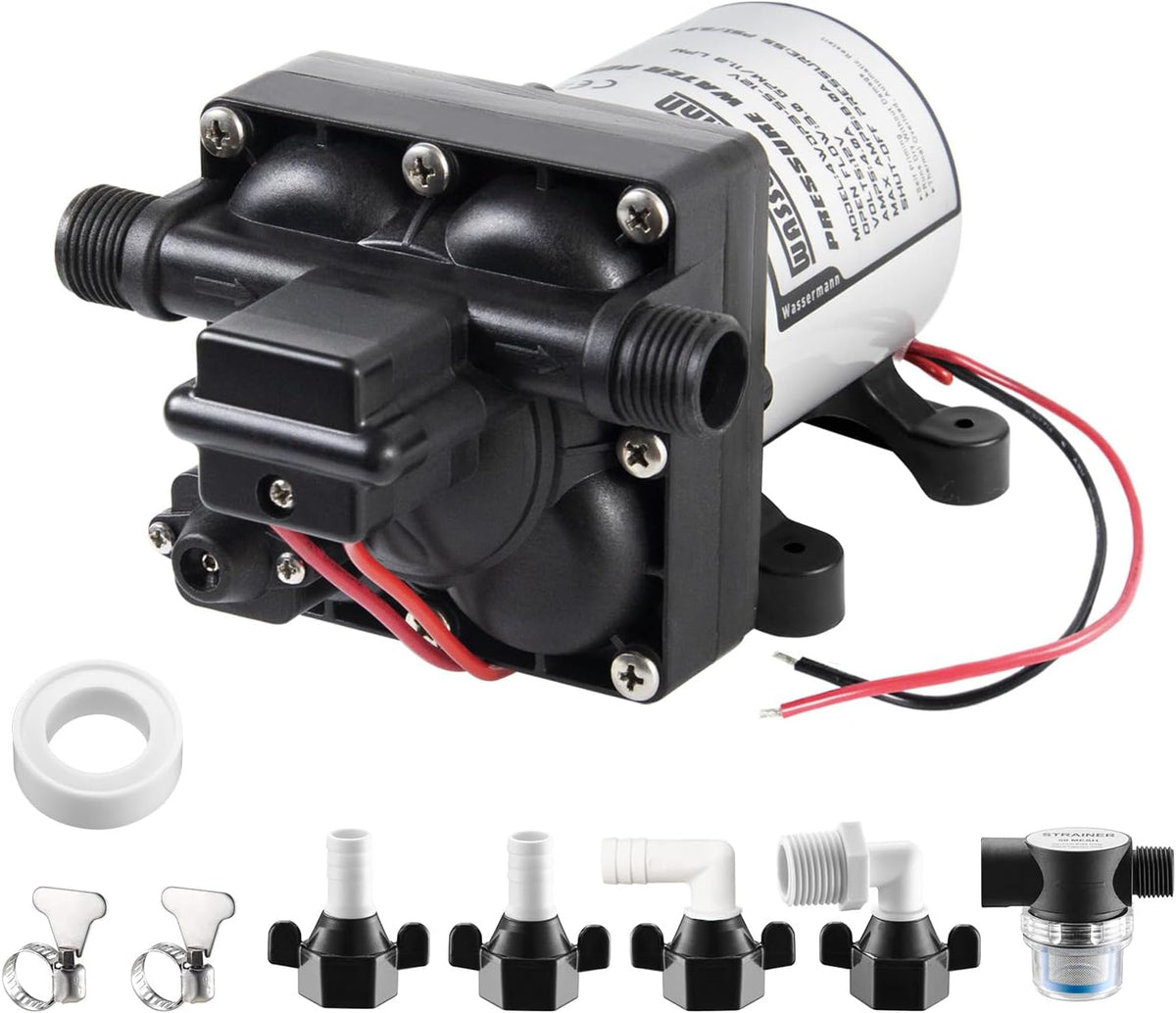 WASSERMANN RV Pump, 12V Self-priming RV Water Pressure Pump 4.0GPM 45PSI with Pressure Switch, for RV Marine Camping Yacht Garden, 12Volt DC Fresh Water Pumps RV Water Pump 2088-554-144 Replacement