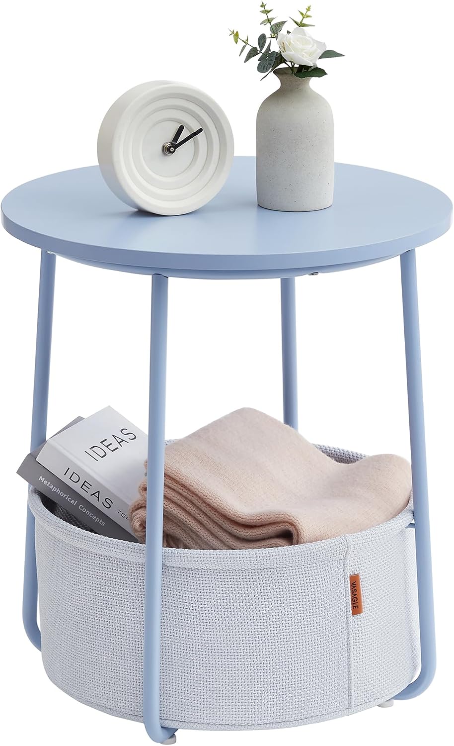 VASAGLE Small Round Side End Table, Small Nightstand with Fabric Basket