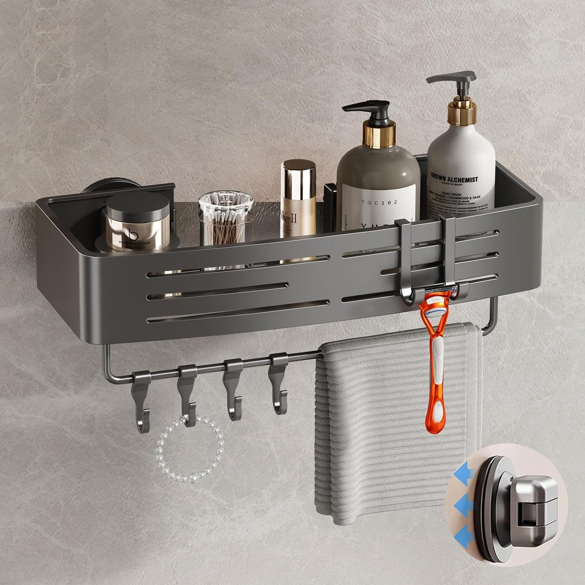 Voldra Shower Caddy Suction Cup, 2 Pack Shower Shelves for Inside Shower No Drilling, Aluminum Suction Showers Organizer with Towel Bar & Hooks Removable Bathroom Shelf Storage Rack(Gray)