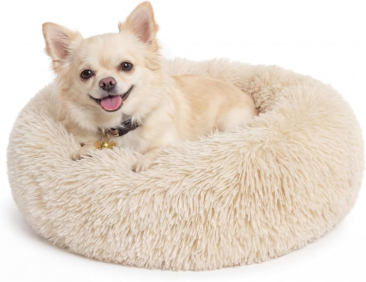 Small Calming Dogs Bed for Small Dogs Anti-Anxiety Machine Washable Fluffy Luxury Anti-Slip Waterproof Mute Base Warming Cozy Soft Pet Puppy Round Bed