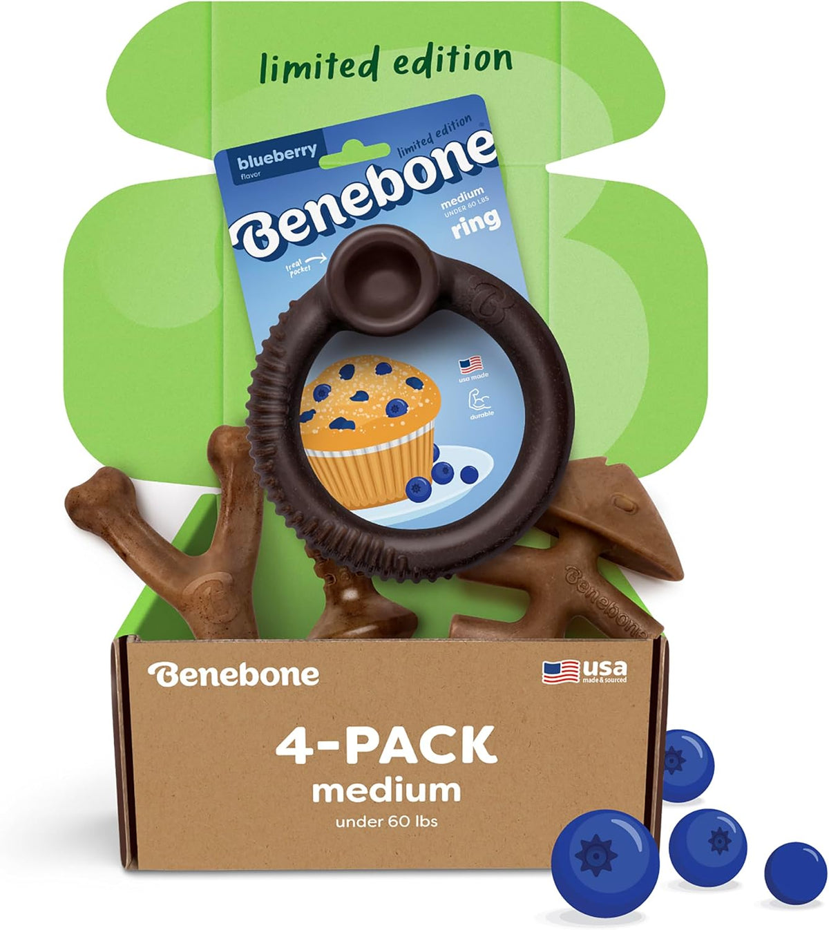 Benebone Small 4-Pack Dog Toys for Aggressive Chewers – Under 30 lbs | Durable, Multipack, Super Chewer, Made in USA, Dog Bones, Long-Lasting, A Size for Every Dog, Keeps Them Busy
