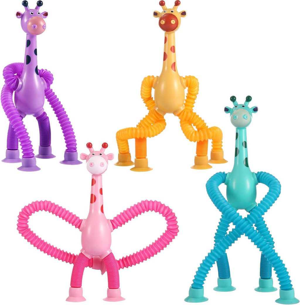 XONTEUS 4 Pcs Pop Tubes Giraffe Travel Airplane Road Trip Car Activities Essential,Telescopic Suction Cup Sensory Toys,Screen-Free Activity for Toddler,Stocking Stuffers for Kids