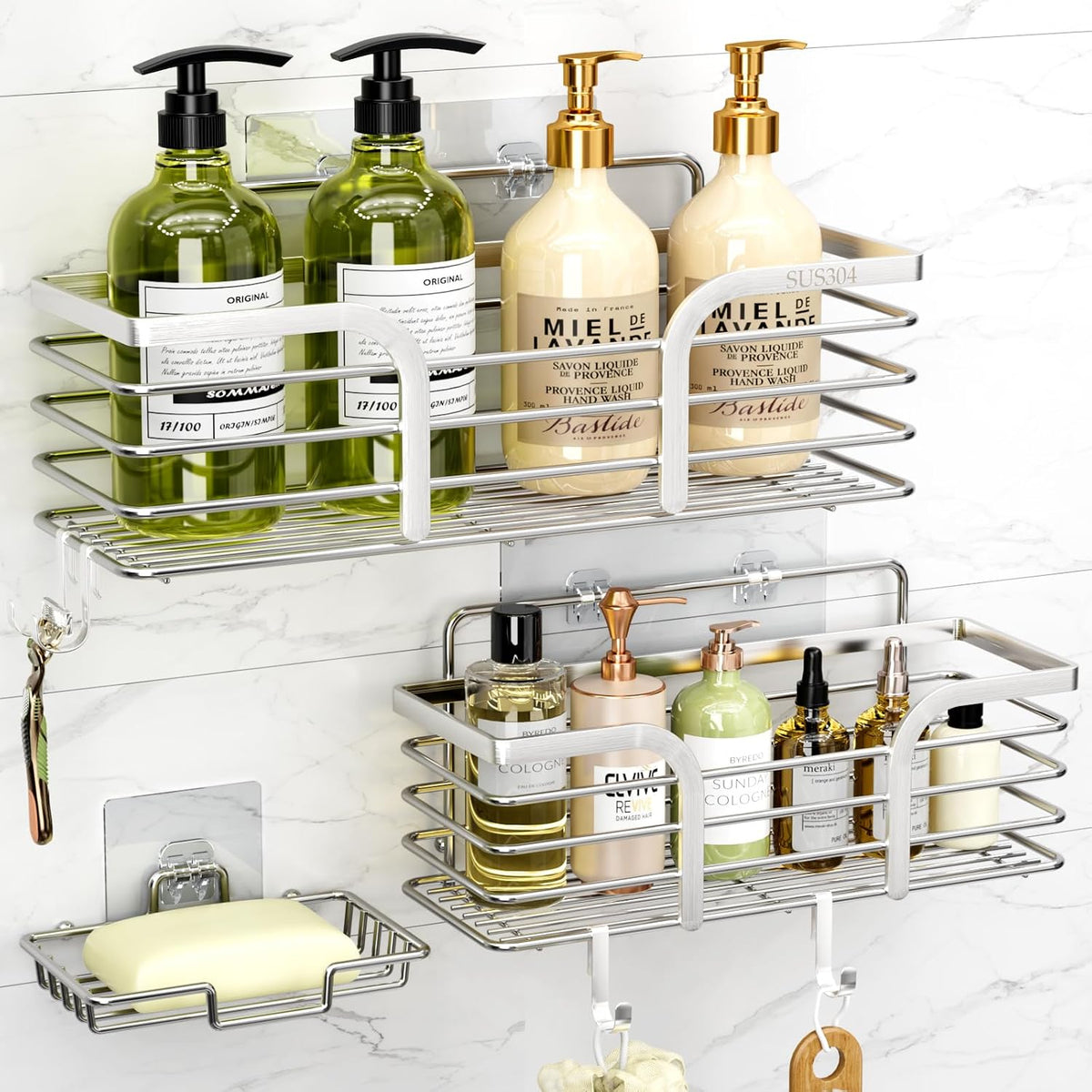 Yougai Shower Organizer with Soap Holder and Hooks for Bathroom (Black)