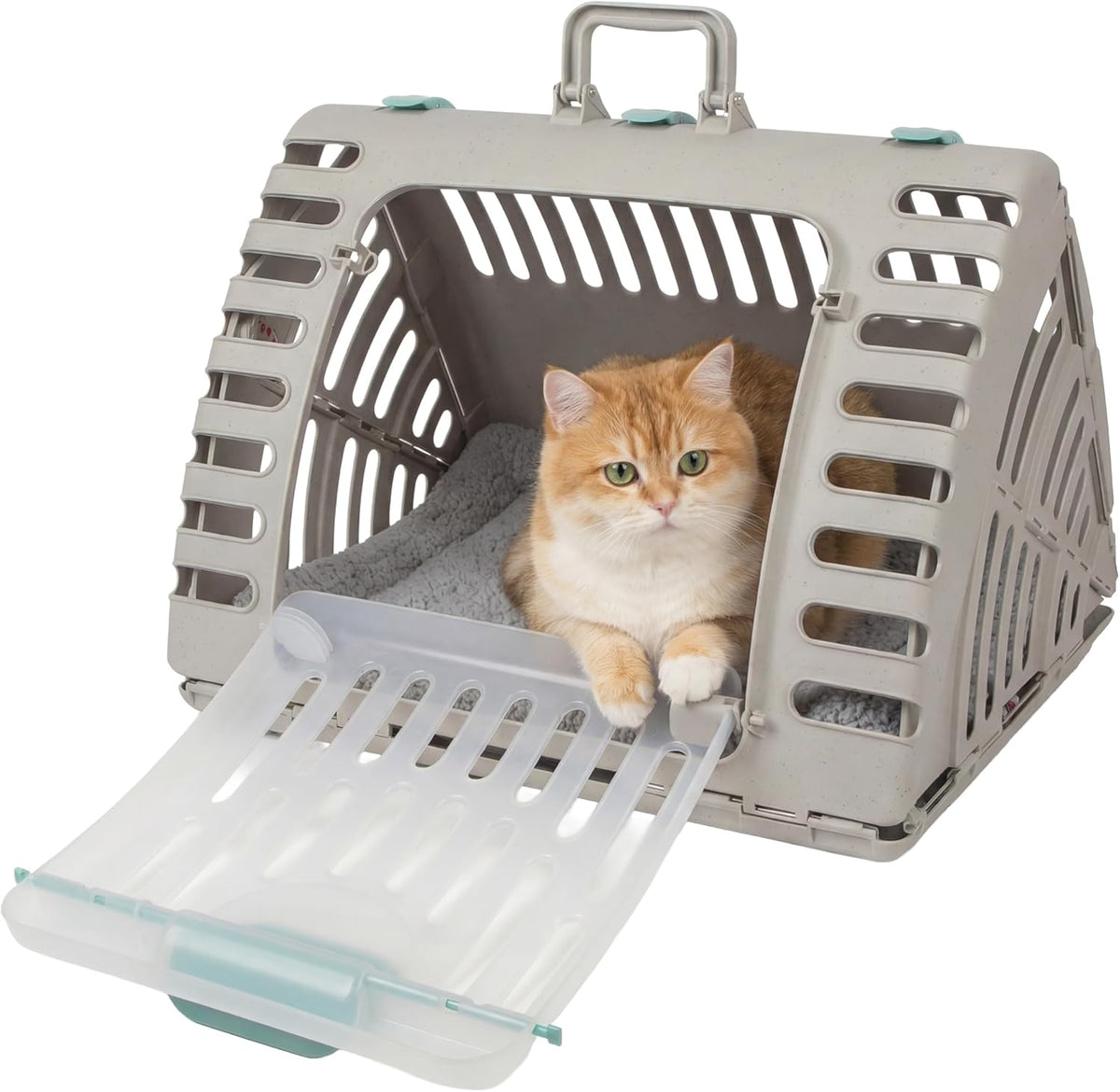 SportPet Large Hard-Sided Travel Cat Carrier - Cat Carrier with Patented Wide Side-Opening Door, Foldable Portable Pet Carrier with Removable Bed for Cats & Small Pets up to 25lbs - Gray