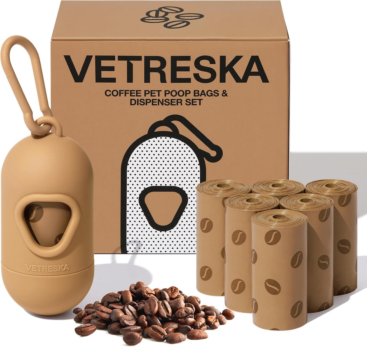 VETRESKA Dog Poop Bags Dispenser with Coffee Scented Waste Bags, 105 Counts | Leak Proof, Extra Thick & Strong Pet Waste Bags for Dogs and Cats, 1 Holder and 7 Rolls