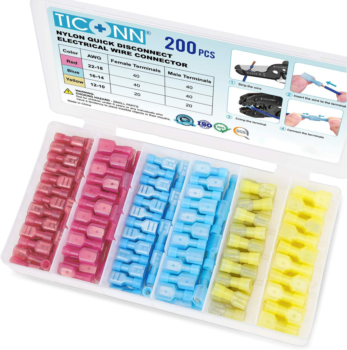 TICONN 100 Pcs Nylon Spade Connector Kit, Insulated Crimp Wire Connectors