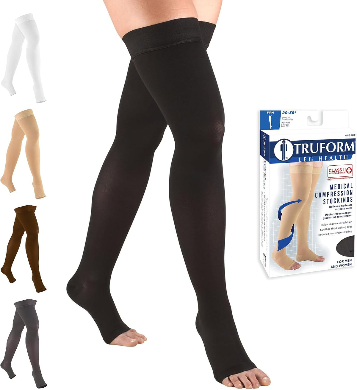 Truform 20-30 mmHg Compression Stockings for Men and Women, Thigh High Length, Dot-Top, Open Toe