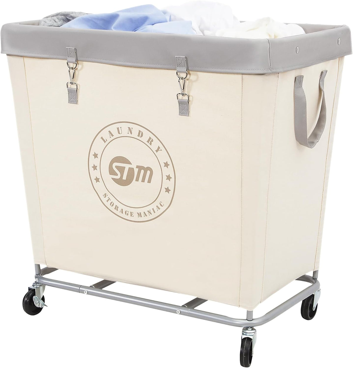 STORAGE MANIAC Commercial Laundry Hamper with Heavy Duty Steel Frame, 160 L Industrial Clothes Basket Cart with Wheels for Big Family, Home, Hotel, Laundry Room, 18''L x 18''W x 31''H, Medium Beige