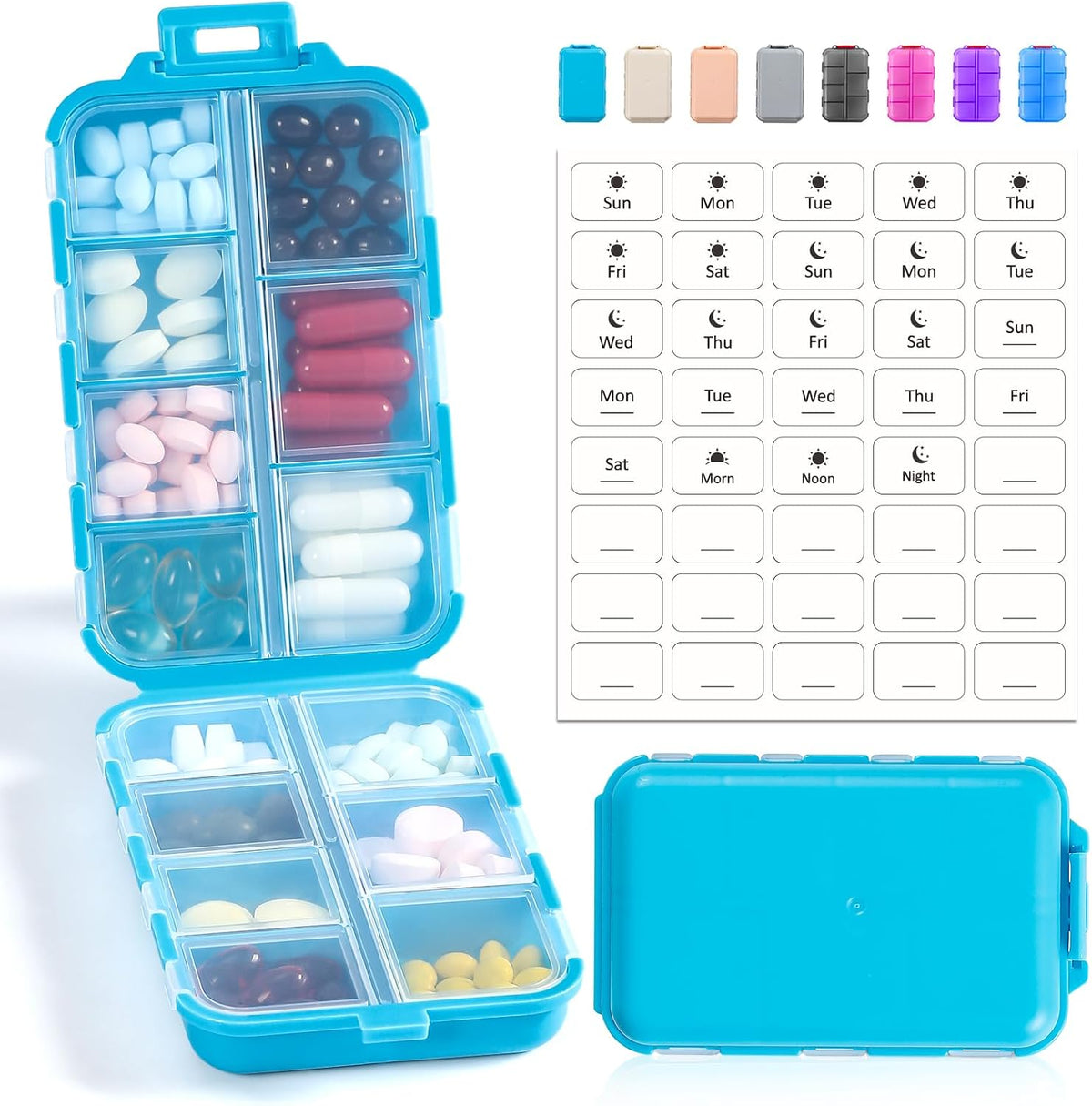 LANDNEOO 14 Grids Pill Organizer Box with Labels, Travel Medication Holder Dispenser Case Kit, Pocket Daily Pharmacy Container for Fish Oil Vitamin Supplement Storage, Khaki Pink Grey, 3 Pack