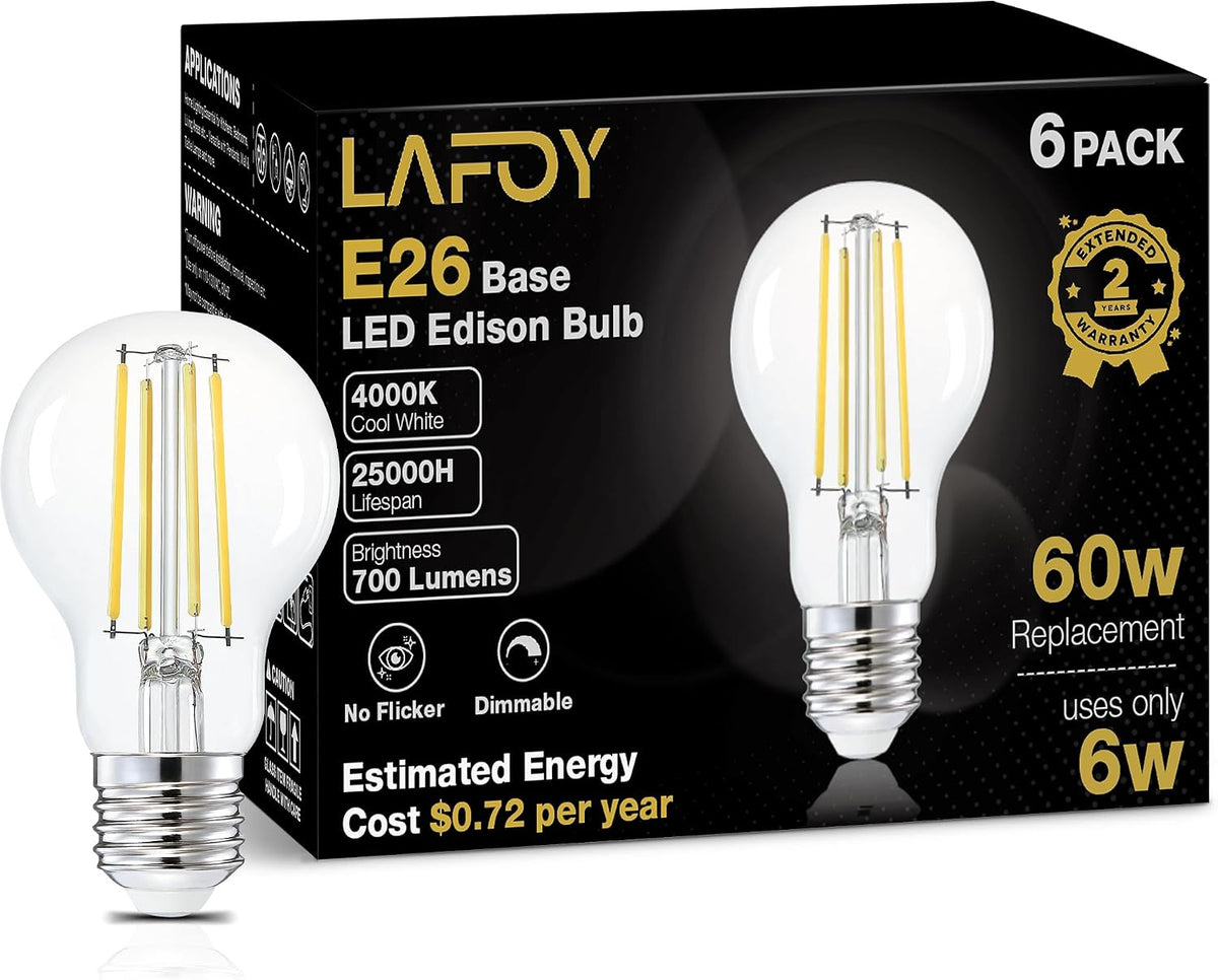 Lafoy A19 Amber Edison Bulbs, Dimmable E26 LED 60 Watt Equivalent 6 Pack