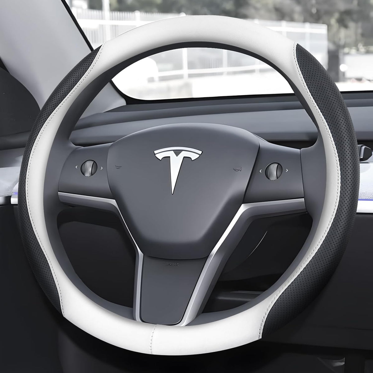 Ouzorp Nappa Leather Steering Wheel Cover for Tesla Model 3 2016-2025 Highland and Model Y 2020-2026 Juniper with Anti-Slip & Breathable Surface-Black