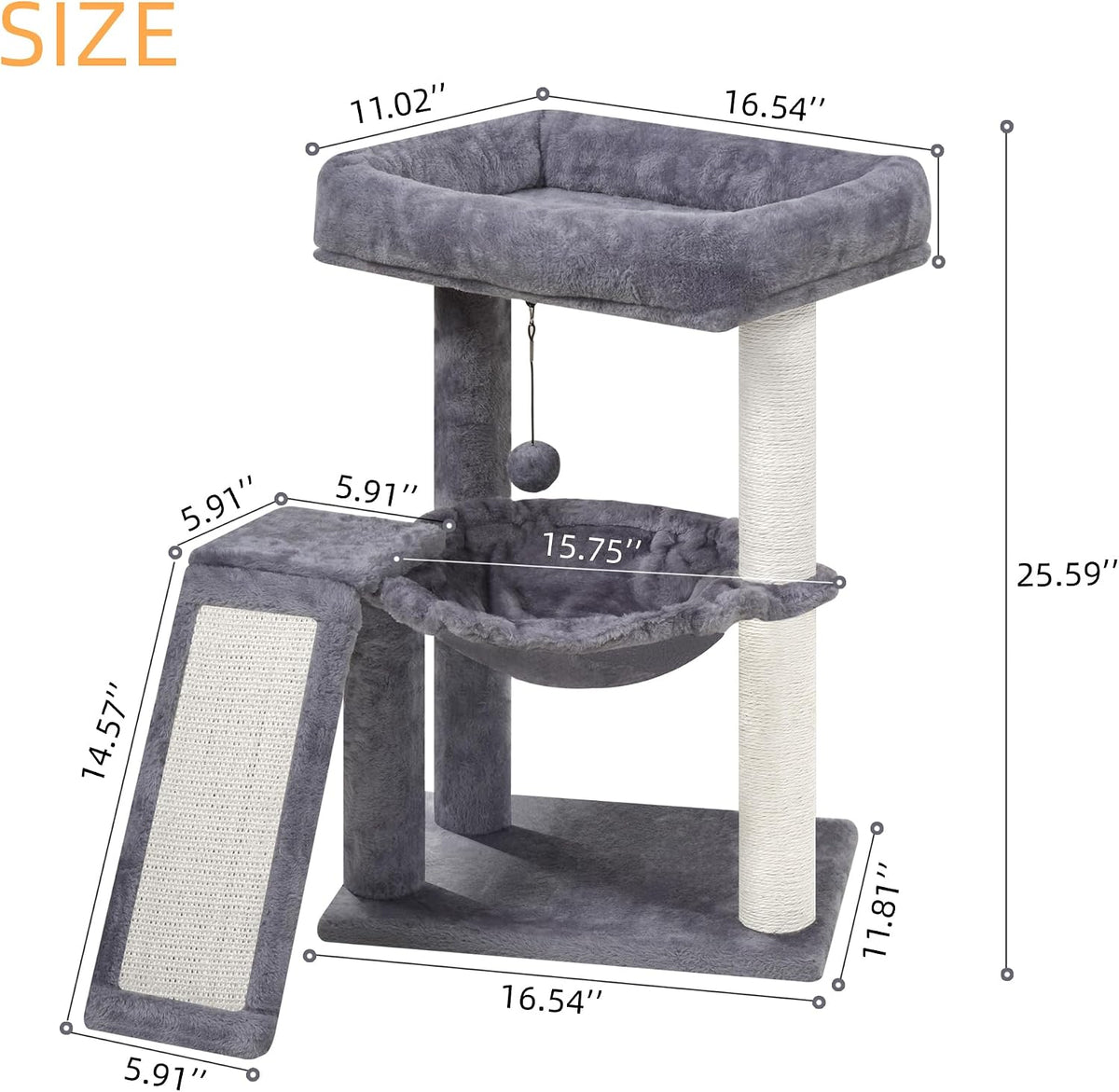 YOUPET Cat Tree with Cat Scratching Post for Indoor Cats, Cat Tower with Scratching Board and Playful Toy Balls, Cat Tree Tower with Cozy Hammock,Grey