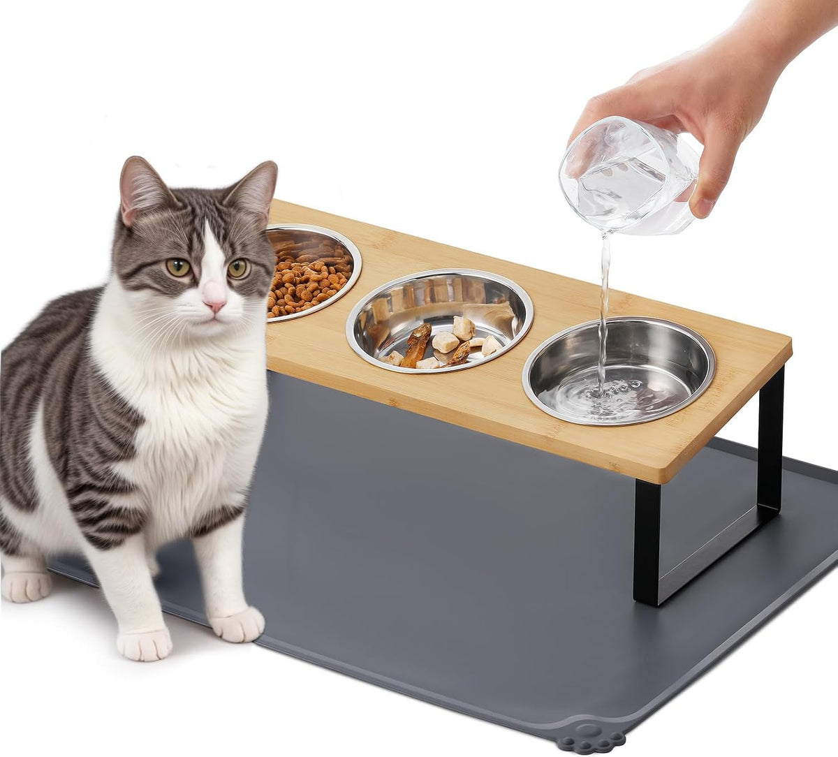 Upgraded Elevated Cat Bowls with Food Mat,15°Tilted Stand Anti Vomiting Raised Cat Dishes for Food and Water,2 Stainless Steel Bowls for Cats and Puppy