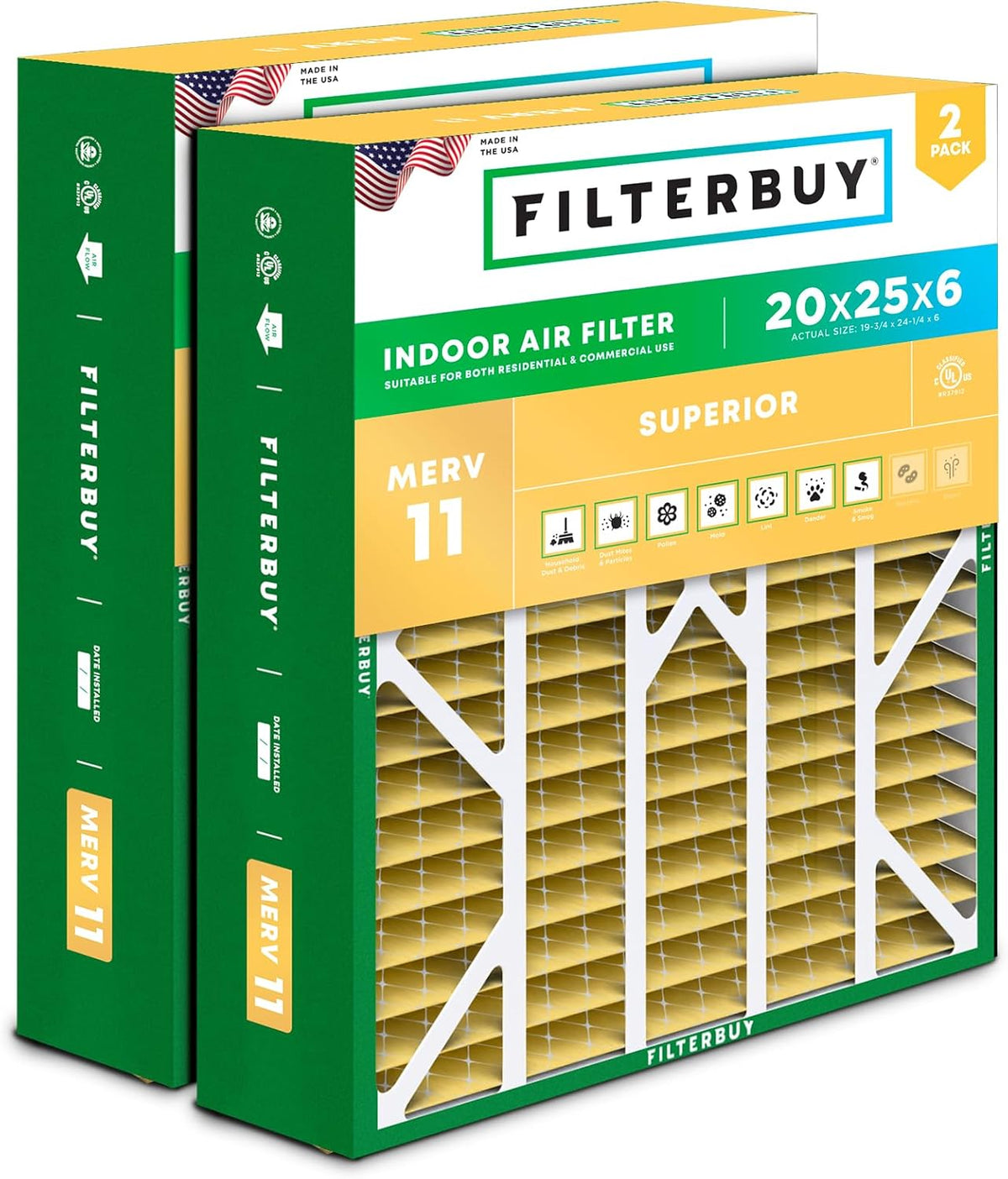 Filterbuy 20x25x5 Air Filter MERV 11 Pet & Allergy Defense (2-Pack)