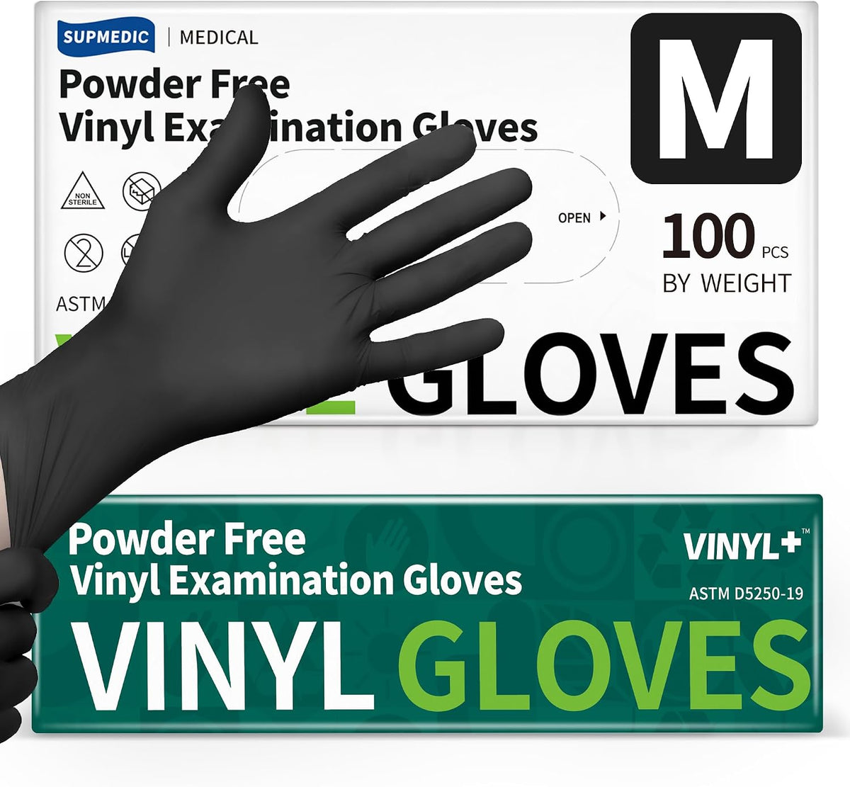 Supmedic Vinyl Disposable Exam Gloves, Black 4Mil Powder-Free Latex-Free Medical Food Safe Cooking Cleaning Glove 100 &1000Ct