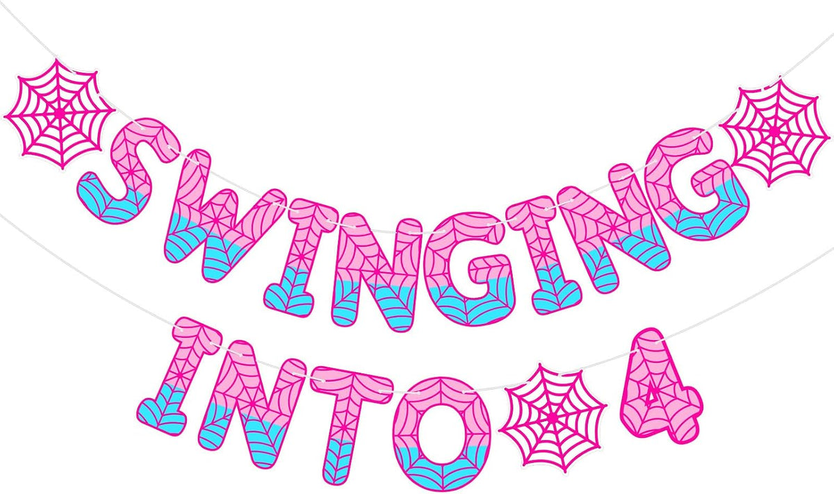 TaoBary Spider Theme 4th Birthday Banner Swinging into 4,Red and Blue